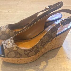 Coach Ferry Cork Wedge Jacquard Mongram Peeptoe Khaki/Chesnut Espadrilles